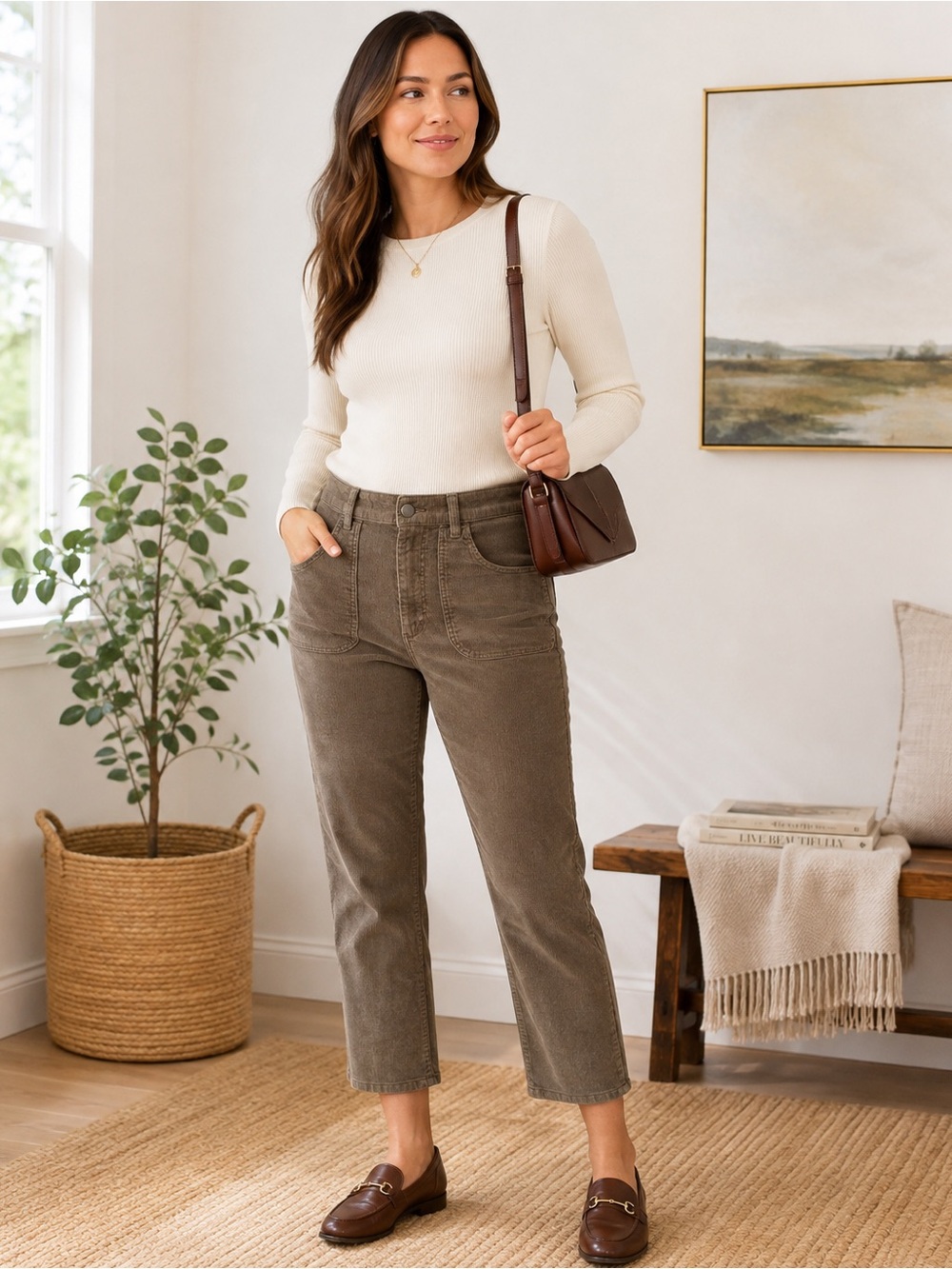 Quince Olive-Brown Cropped Ankle Pants Size 10 Organic Cotton Neutral Fall